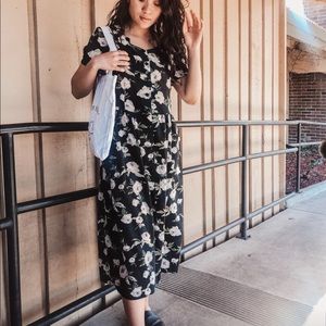 Vintage black and white rose print midi dress